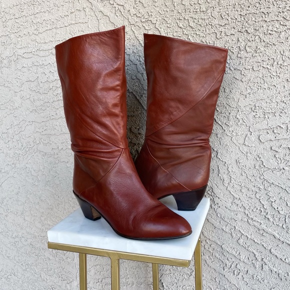 NEIMAN MARCUS Brown Italian Leather Slouchy Low Heel Mid-Calf Boots 8 - Picture 1 of 12